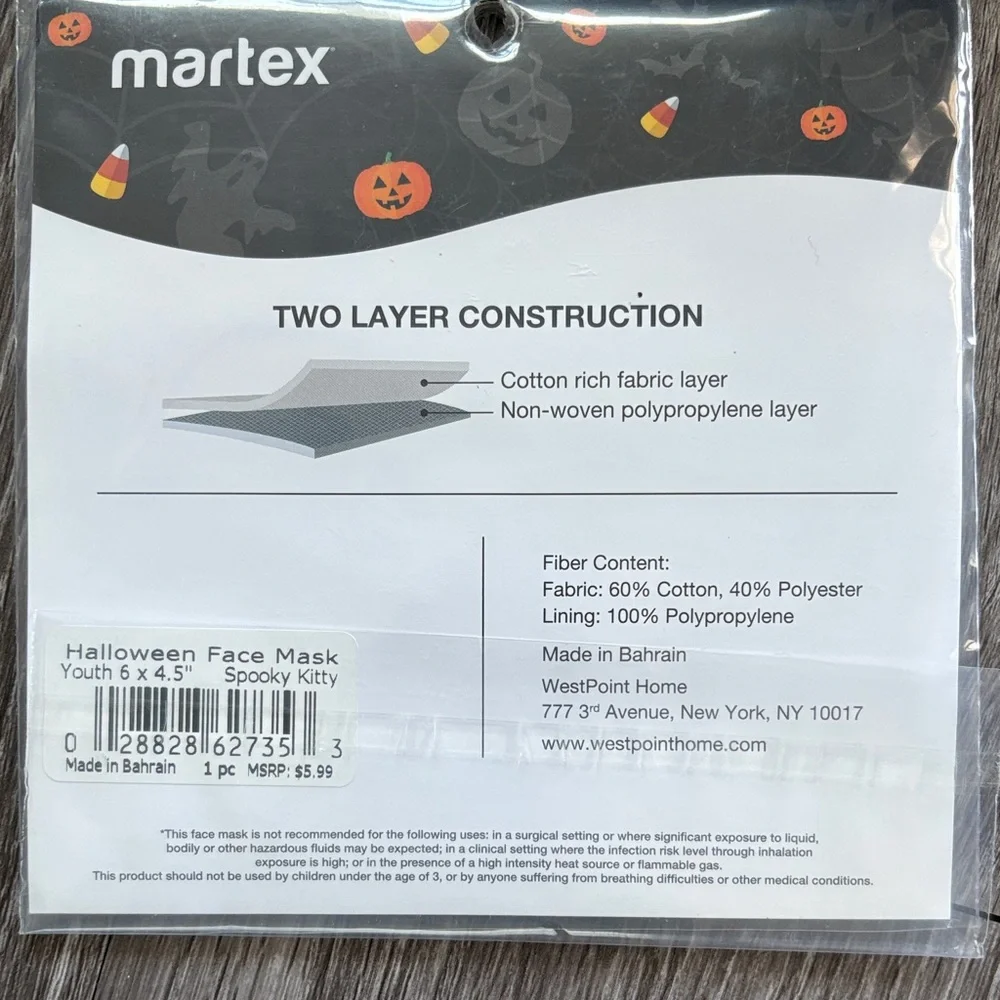 2pk Martex Halloween Face Mask Youth Size